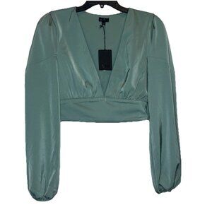 NBD Women’s Green Karina V Neck Crop Long Sleeve Blouse Top Sz M NEW Revolve